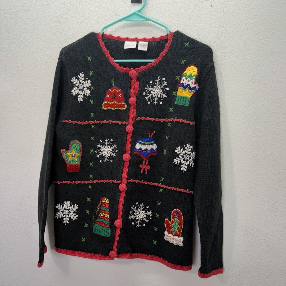 Cherokee Button Up Christmas Cardigan Sweater Vintage Sz S Patchwork Holiday